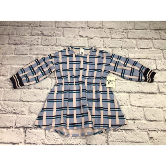 NWT Open Edit Sky Blue Multicolor Long Sleeve Dress Girl's Size 2 - Picture 1 of 3